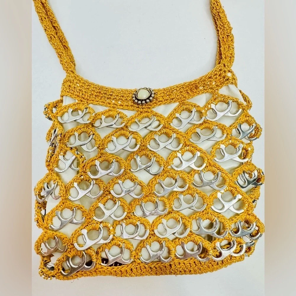 Handmade Crochet‎ Gold Brown Handbag Purse Art with Recycled Soda Pop Tabs